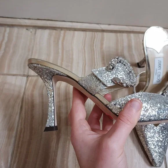 Jimmy Choo Silver Sparkle Glitter Wedding Crystal Buckle Marta Heel Mules - Picture 6 of 10